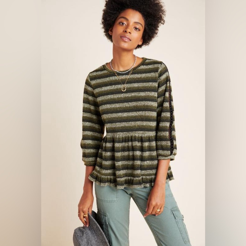 Anthropologie Ro + De Marcia Babydoll Top Green Black Metallic Striped XS